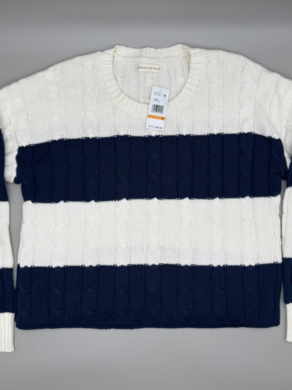 NWT Aéropostale Navy Blue White Striped Cable Knit Crewneck Sweater Small